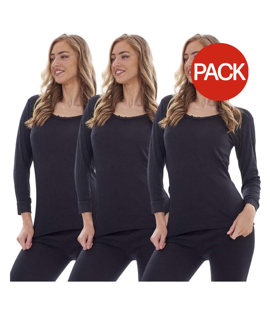Pack Of 3  Womens/ladies Long-sleeved Thermal Top  Black Heatforce-2