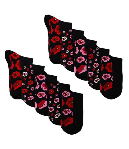 10 Pairs Ladies Poppy Footbed Socks - Soft Cotton Rich Floral Everyday Socks