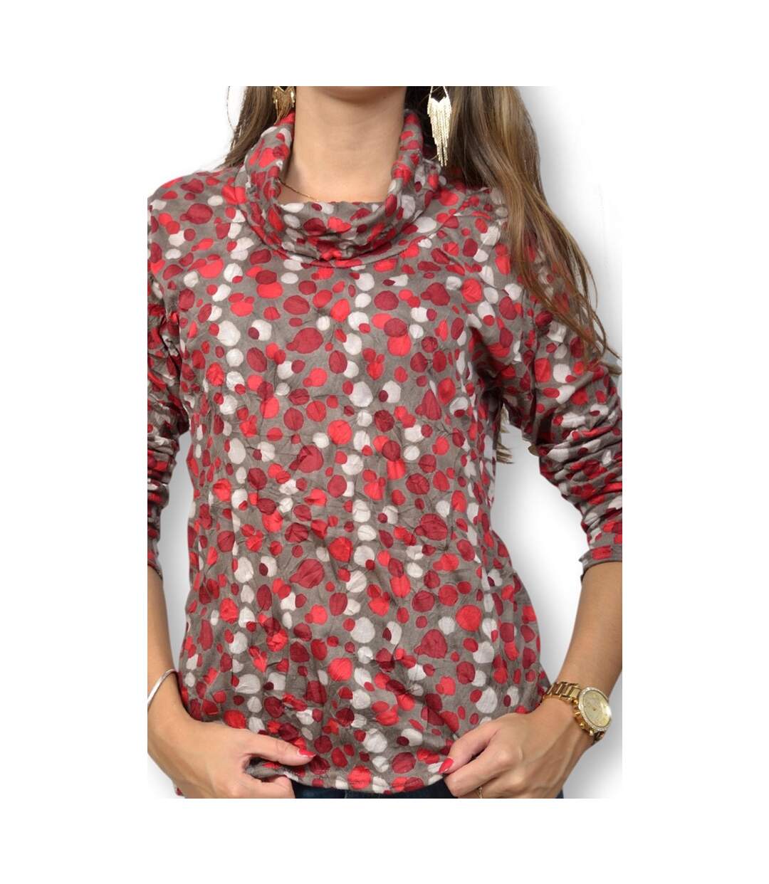 Tee shirt  femme manches longues col rouleté motifs abstraits-4