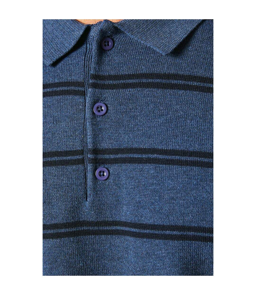 Mens stripe knitted long-sleeved polo shirt blue Maine-3