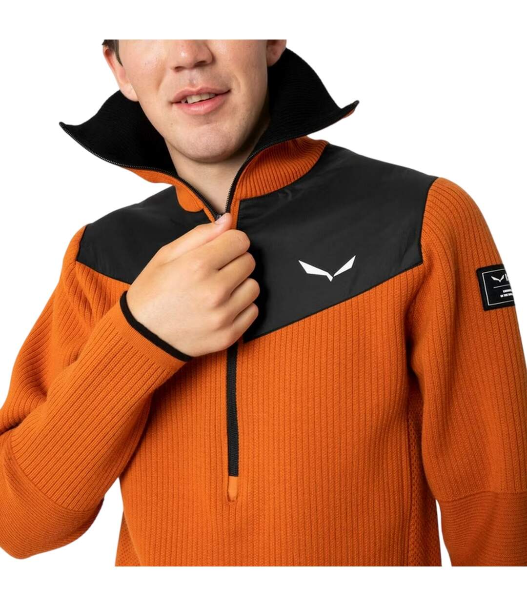 Mens Zip Neck Regular Long-sleeved Jumper Brown Black Salewa-4