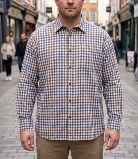 CHALLENGER TONUS1 — Chemise à carreaux manches longues camel et gris : chaleur et aisance en flanelle