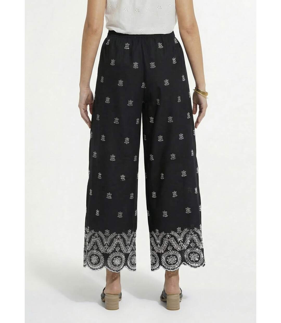 Pantalon large coton brodé taille élastiquée-2