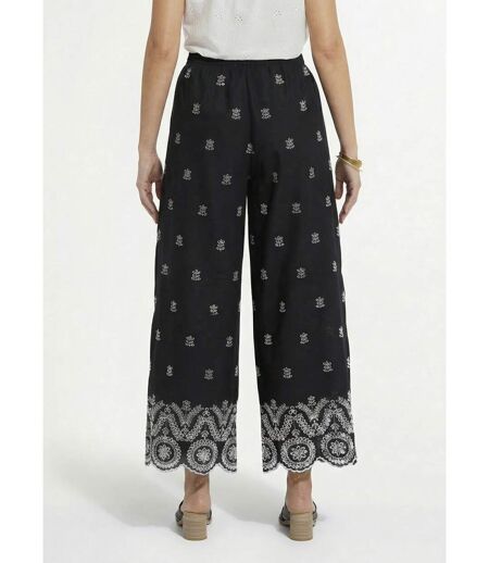 Pantalon large coton brodé taille élastiquée