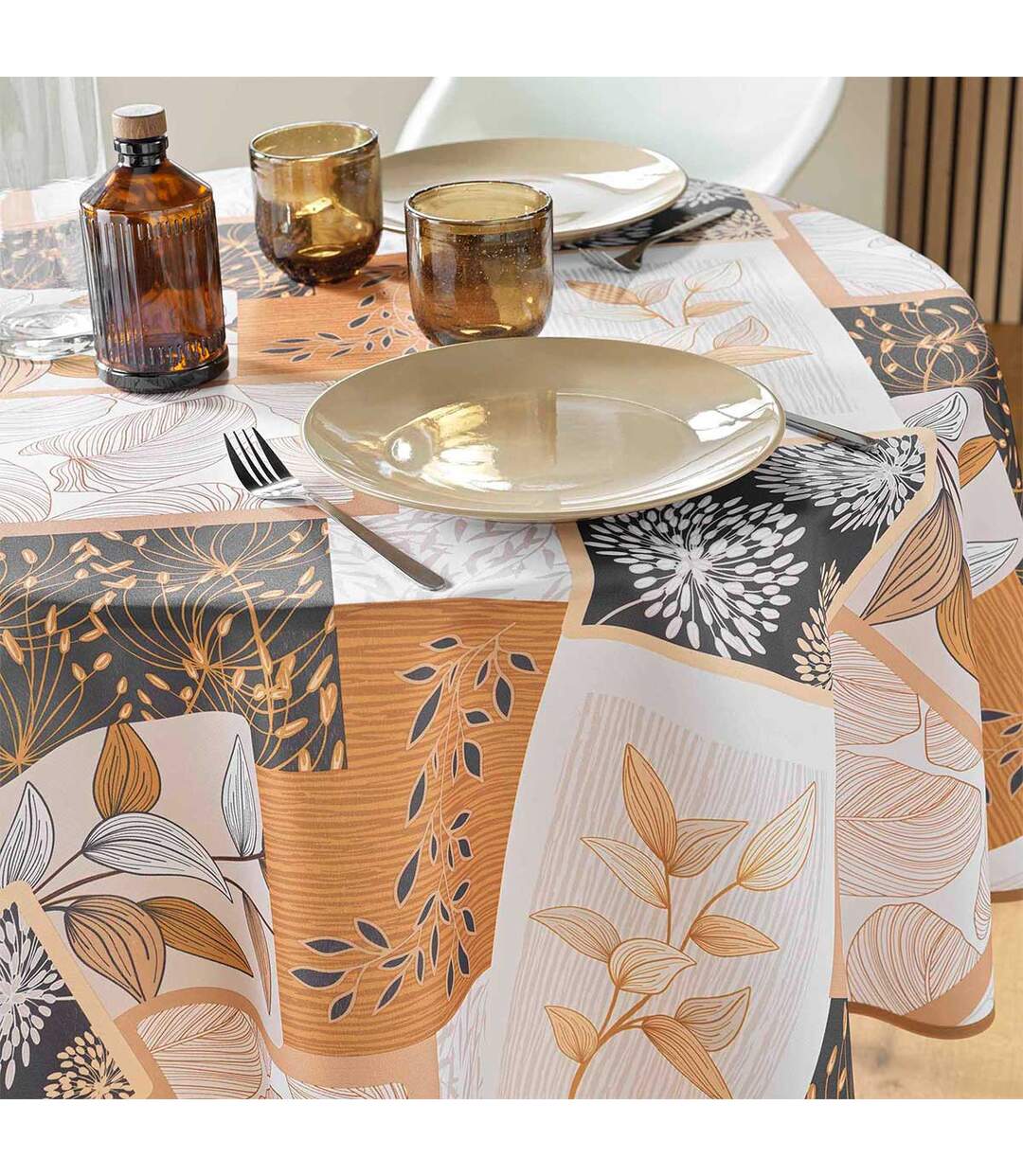 Nappe Ronde Antitache Imprimé Faya 180cm Naturel-2