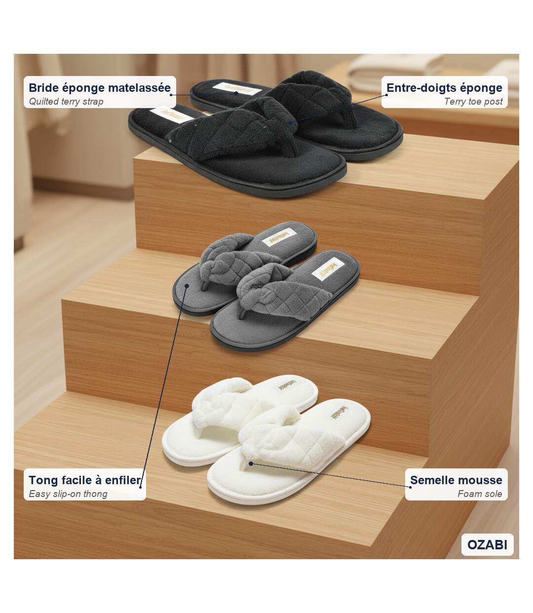 INFINITIF PARIS Pantoufles Tongs Éponge Femme Pack 3 Paires-5