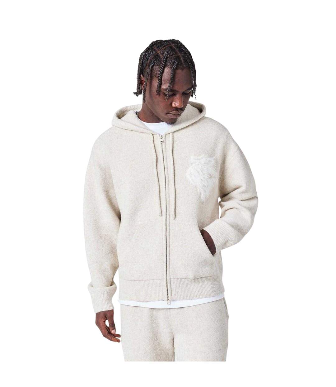 Mens Wool Blend Soft Full Zip Hoodie Beige Couture Club-1
