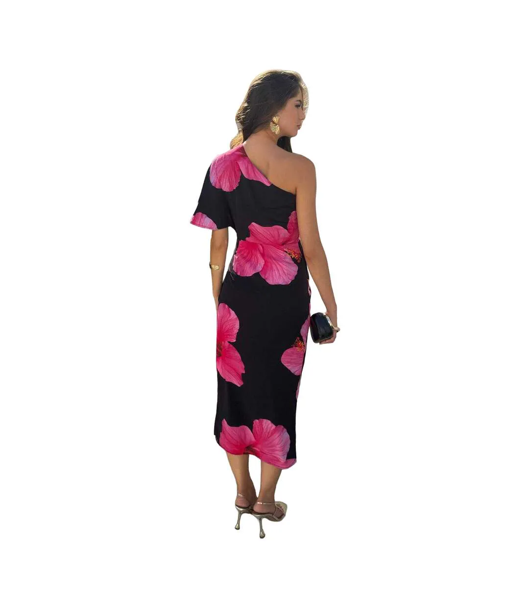 Robe Mi-longue 1 Manche Fête Femme Noir Ax-3