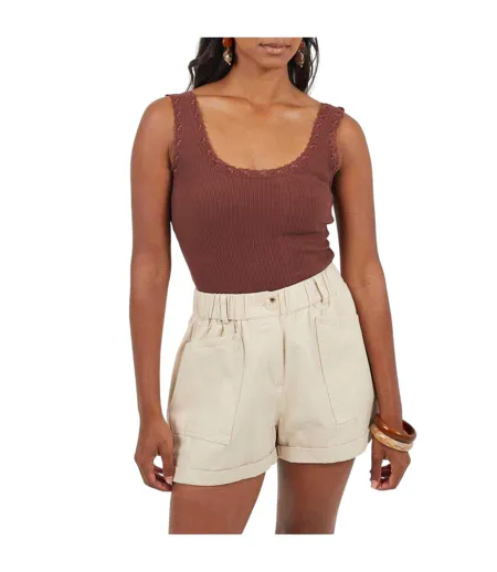 Womens/ladies Lace Trim Ribbed Bodysuit Chocolate Brave Soul