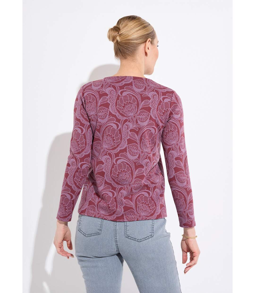 T-shirt jacquard fleuri col rond-2