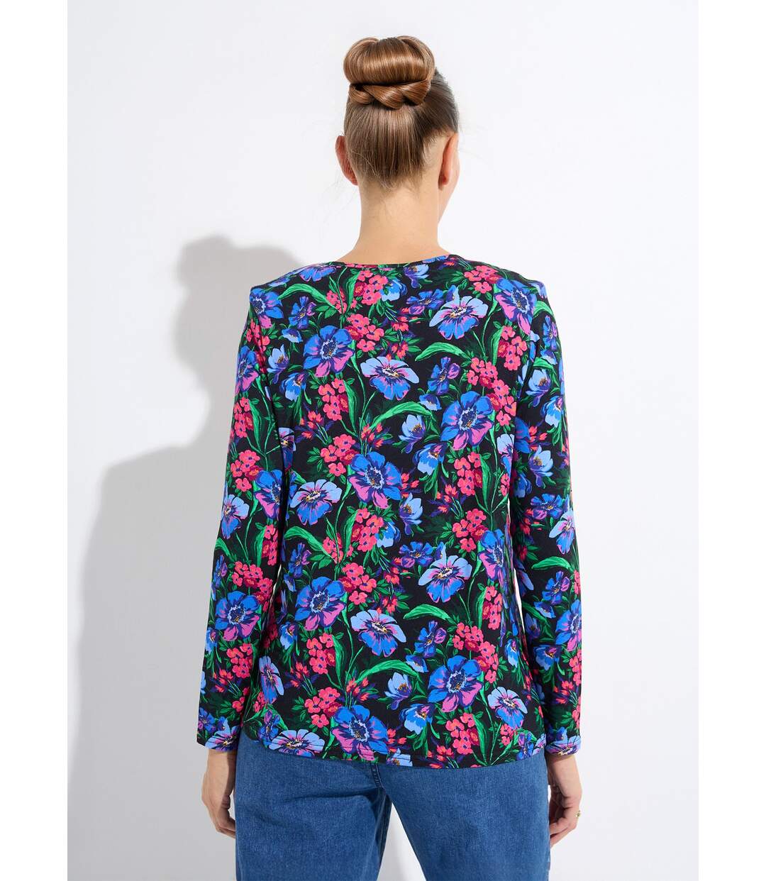T-shirt droit col rond manches longues fleuri-2