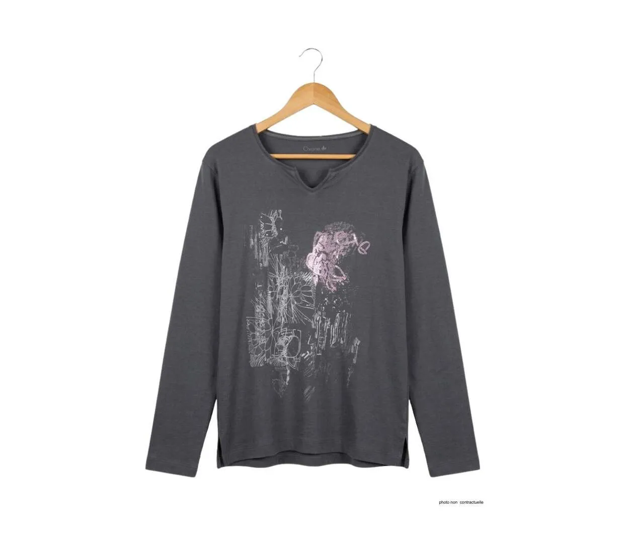AXONE CHALON1G - Tee-shirt gris manches longues col V avec imprimé devant et fentes latérales-2