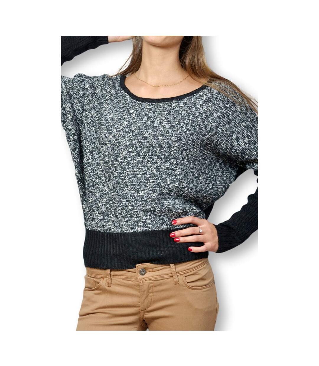 Pull femme manches chale de couleur:noir col rond-4