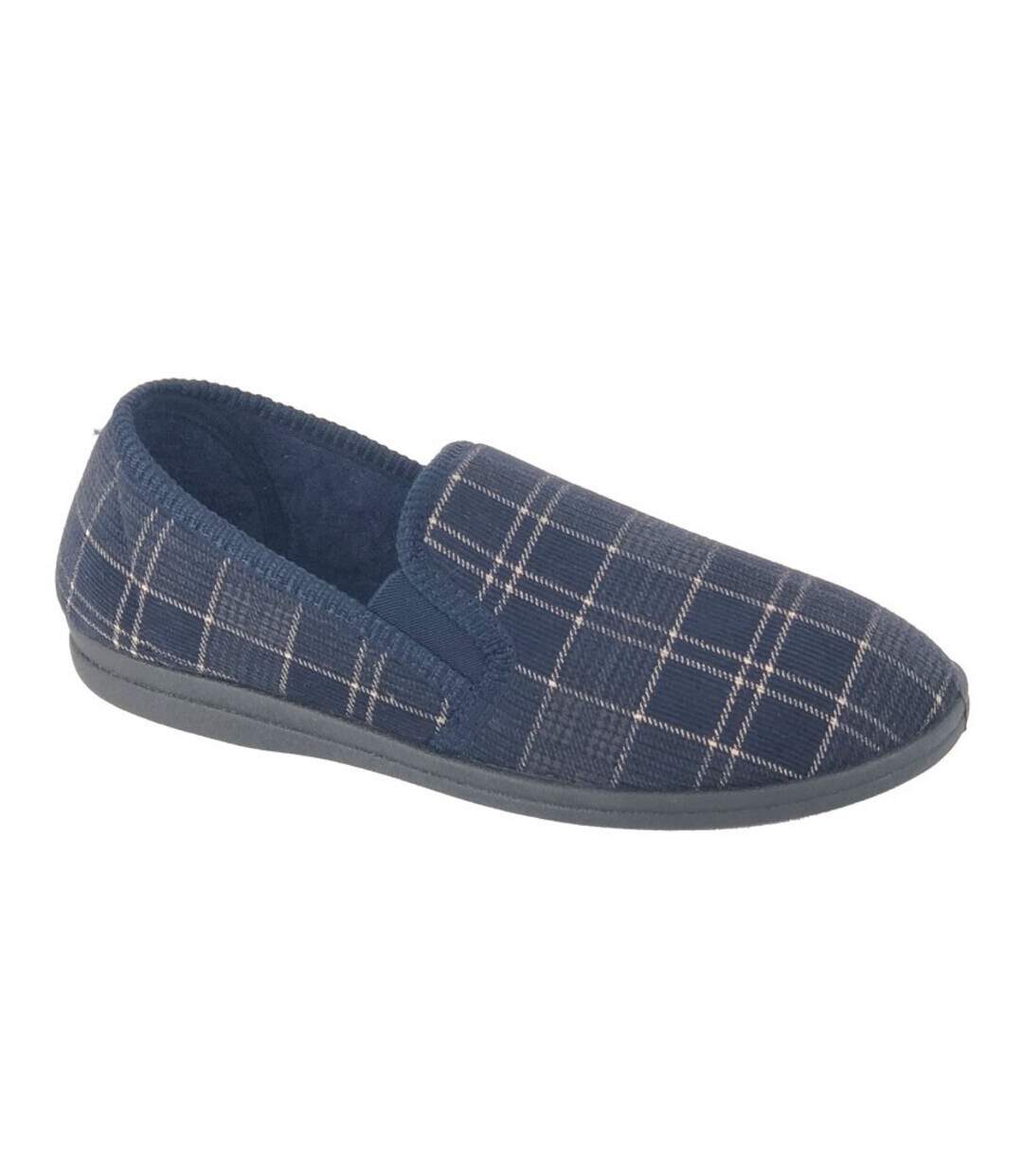 Mens Dale Checked Velour Slippers Navy Sleepers-1