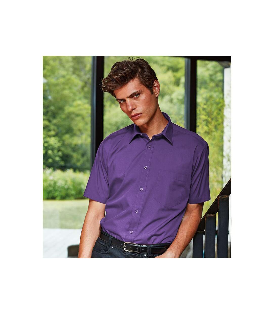 Mens short sleeve formal poplin plain work shirt purple Premier