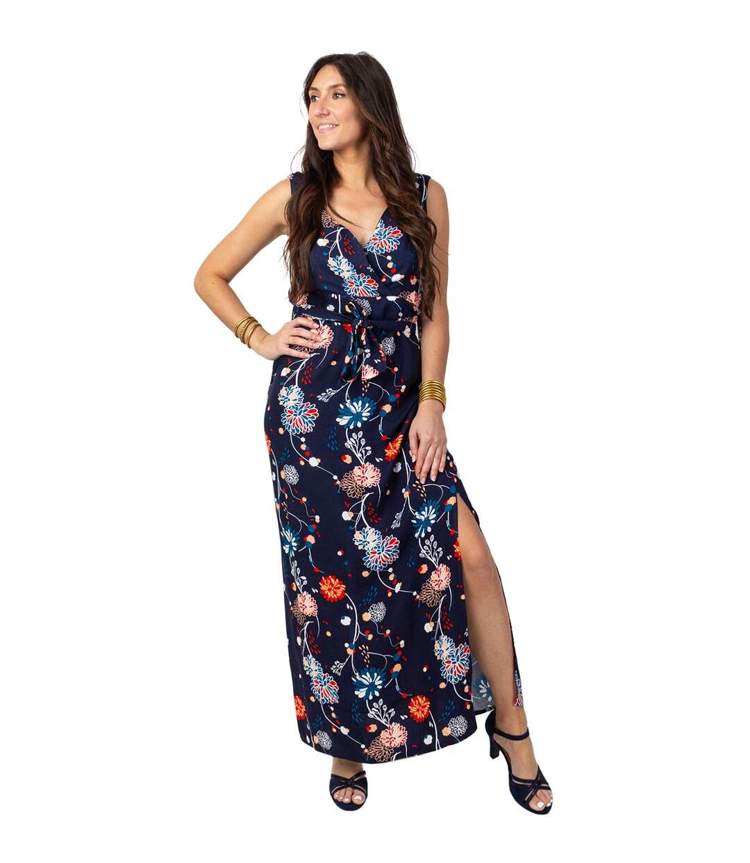 Robe longue fendue chic MELINDA cache-cœur imprimé floral bleu Coton Du Monde