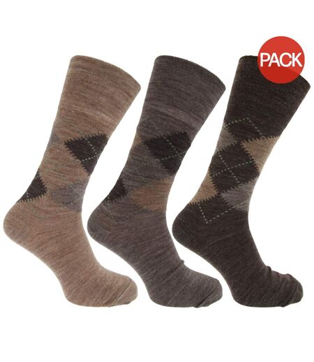 Lot de 3 Chaussettes en mélange de laine à dessus non-élastiqué paires homme tons marron Universal Textiles