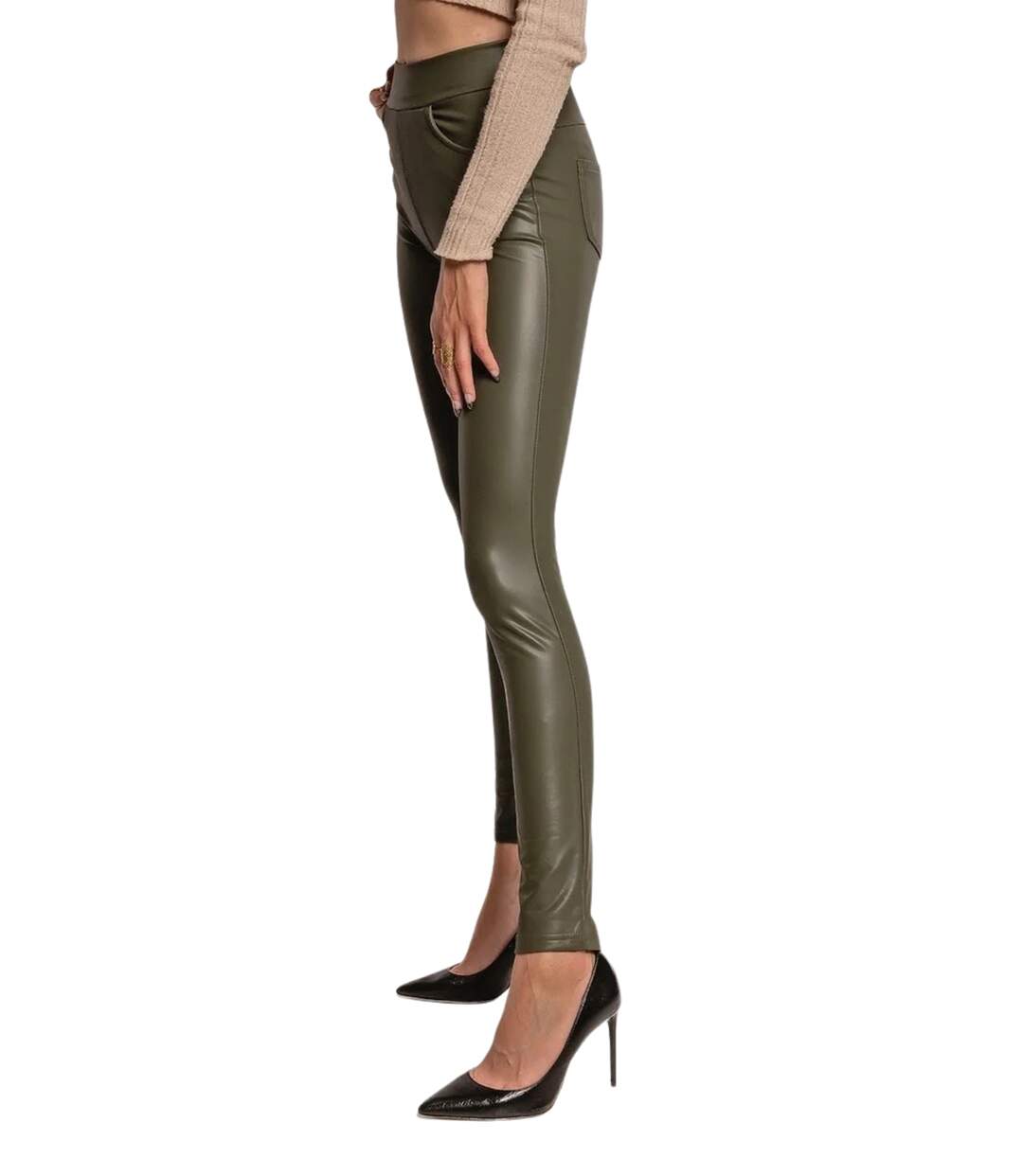 Legging femme avec poches - Couleur kaki - Simili cuir - Taille haute - Looks décontractés-3