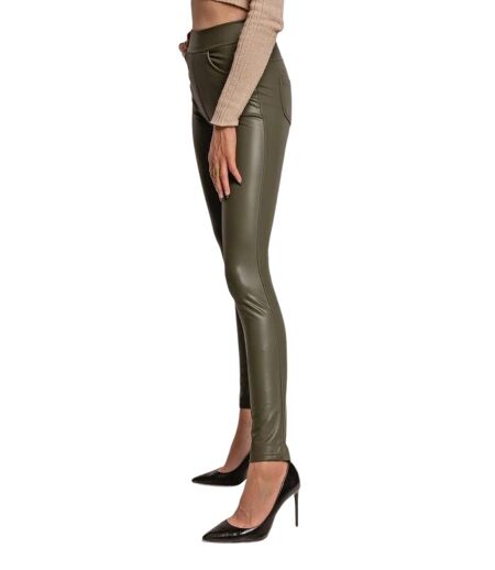 Legging femme avec poches - Couleur kaki - Simili cuir - Taille haute - Looks décontractés