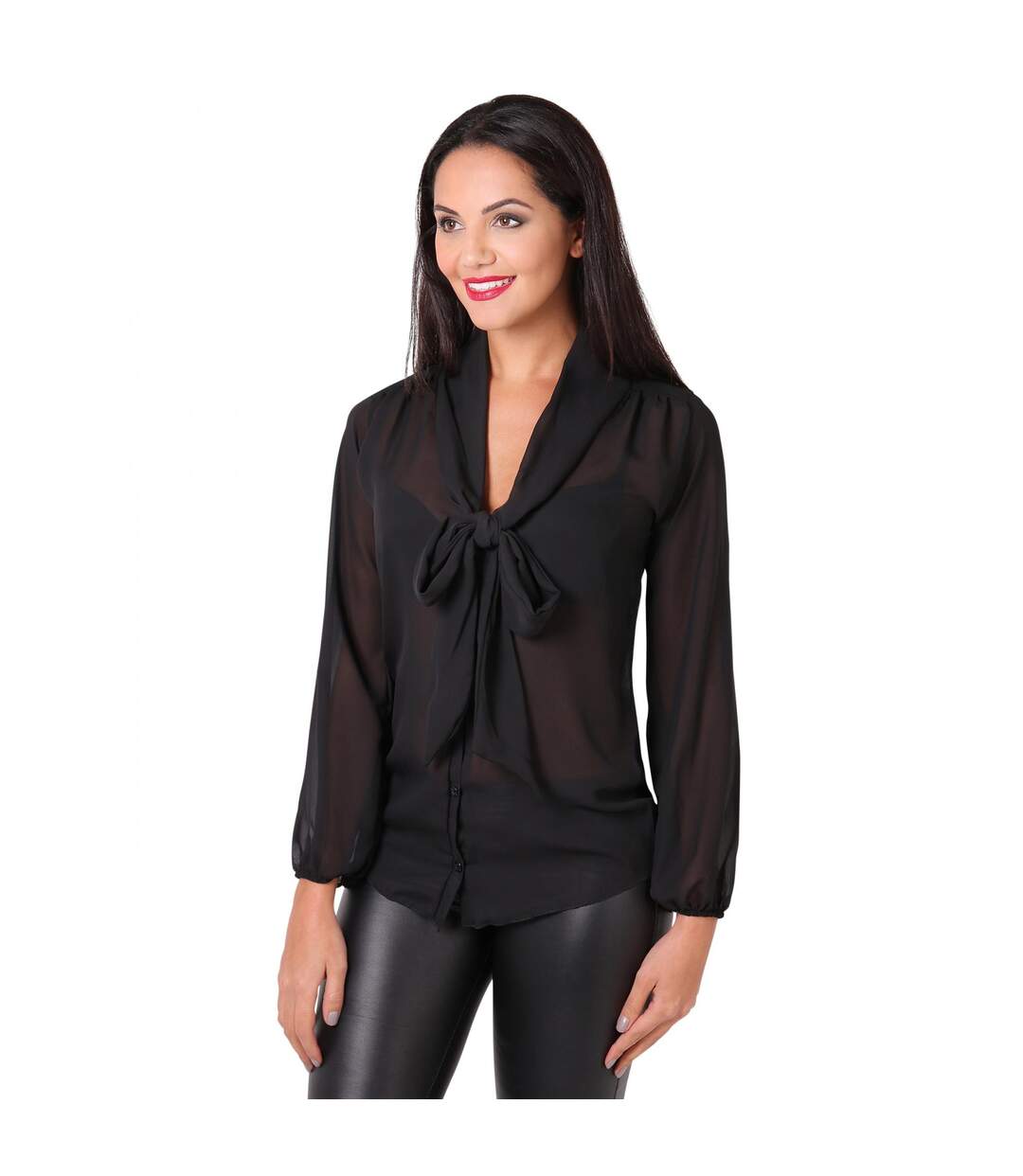 Womens/ladies Long Pussy Bow Chiffon Blouse Black Krisp-2