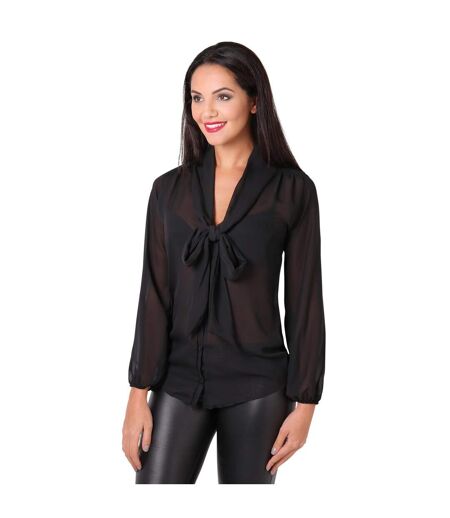 Womens/ladies Long Pussy Bow Chiffon Blouse Black Krisp