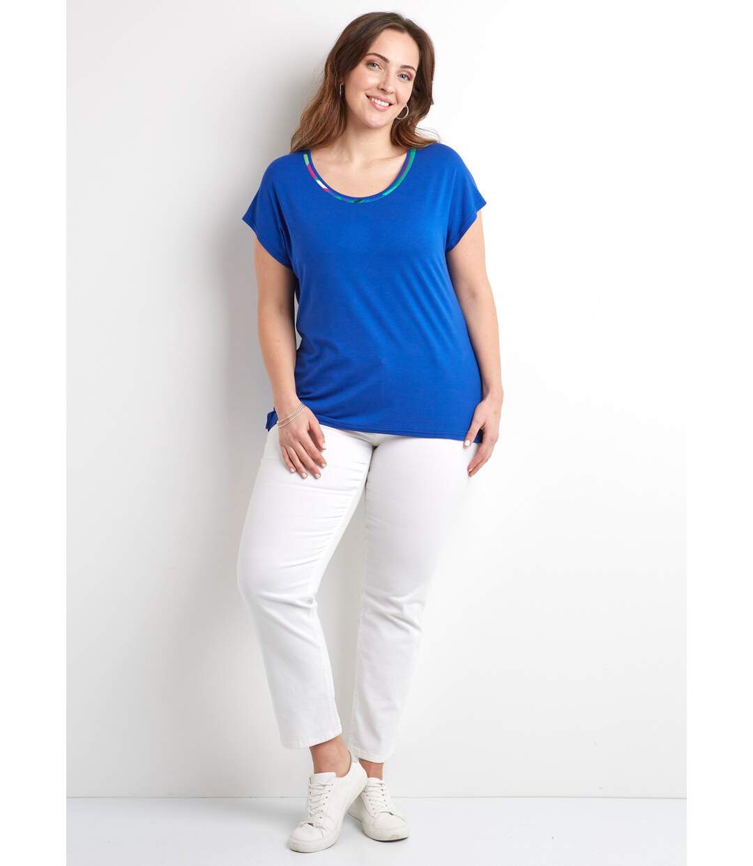 T-shirt long col rond uni ou imprimé manches courtes-3