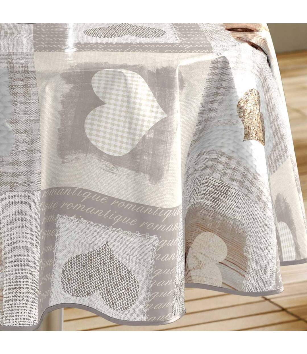 Nappe Ronde Toile Cirée Cosy Coeur 160cm Gris-2