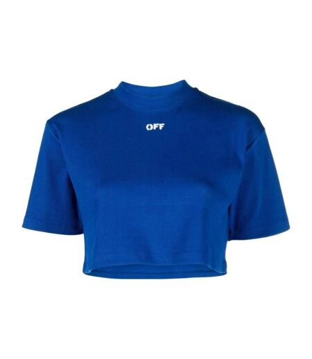 Womens/ladies Stamp Ribbed Crop T-shirt Blue Off White