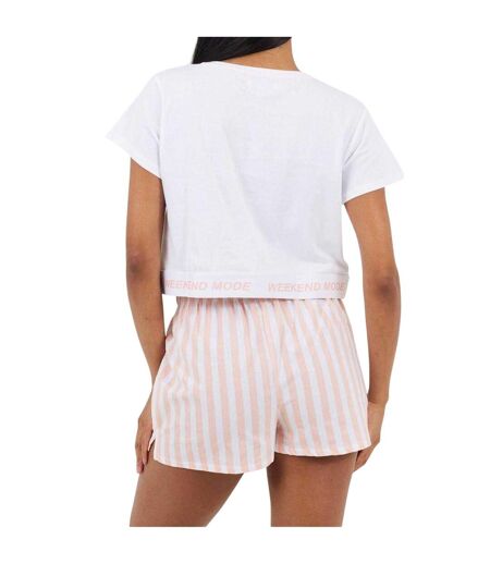 Ensemble De Pyjama Court Motif/style À Rayures Weekend Mode Femme Blanc Corail Brave Soul