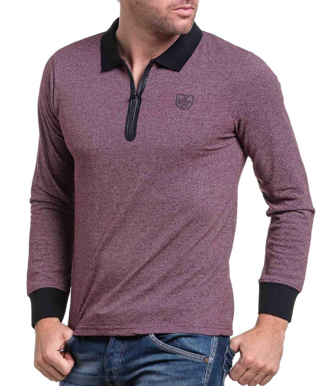 Polo homme bordeaux chiné manches longues | Atlas For Men