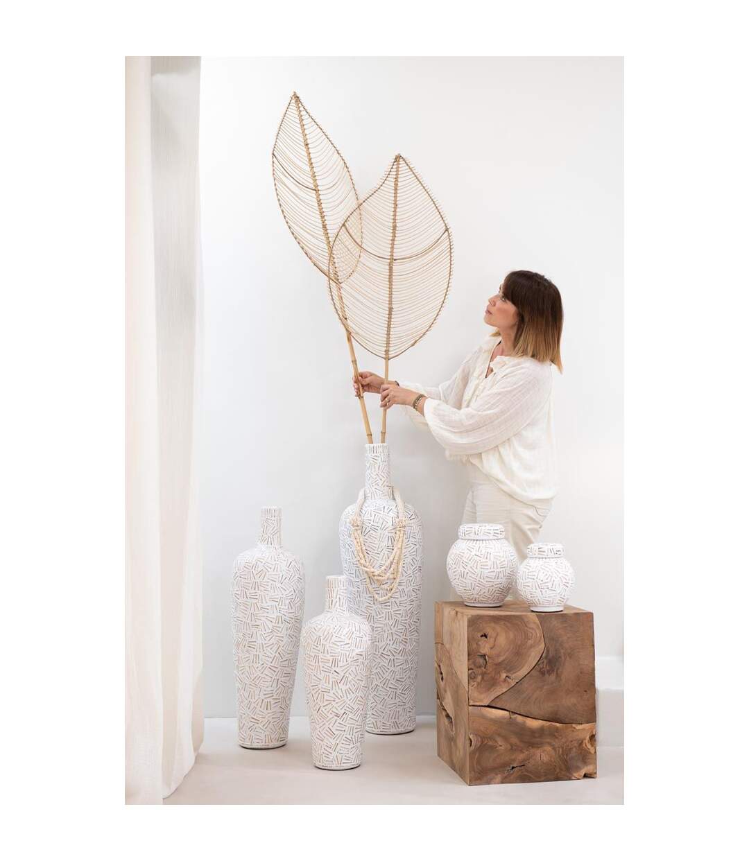 Vase Déco en Ciment Lauwra 100cm Blanc-5