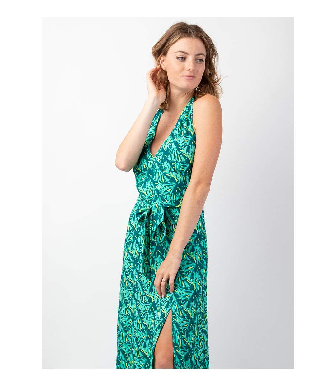 Robe longue femme été dos nu SORAYA imprimé tropical vert Coton Du Monde-3