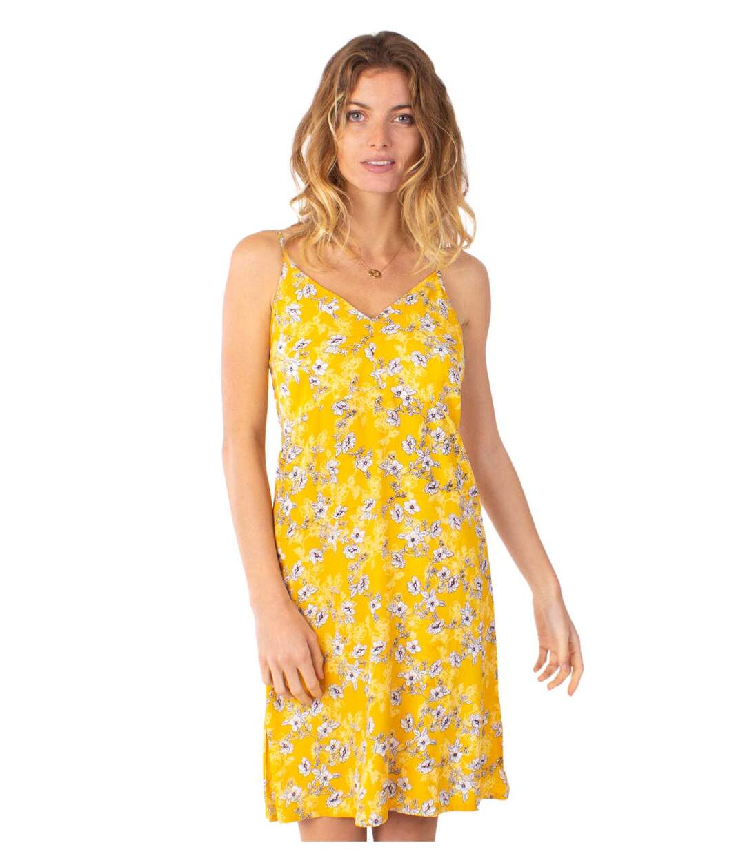 Robe courte fines bretelles BEA fleurie jaune Coton Du Monde-1