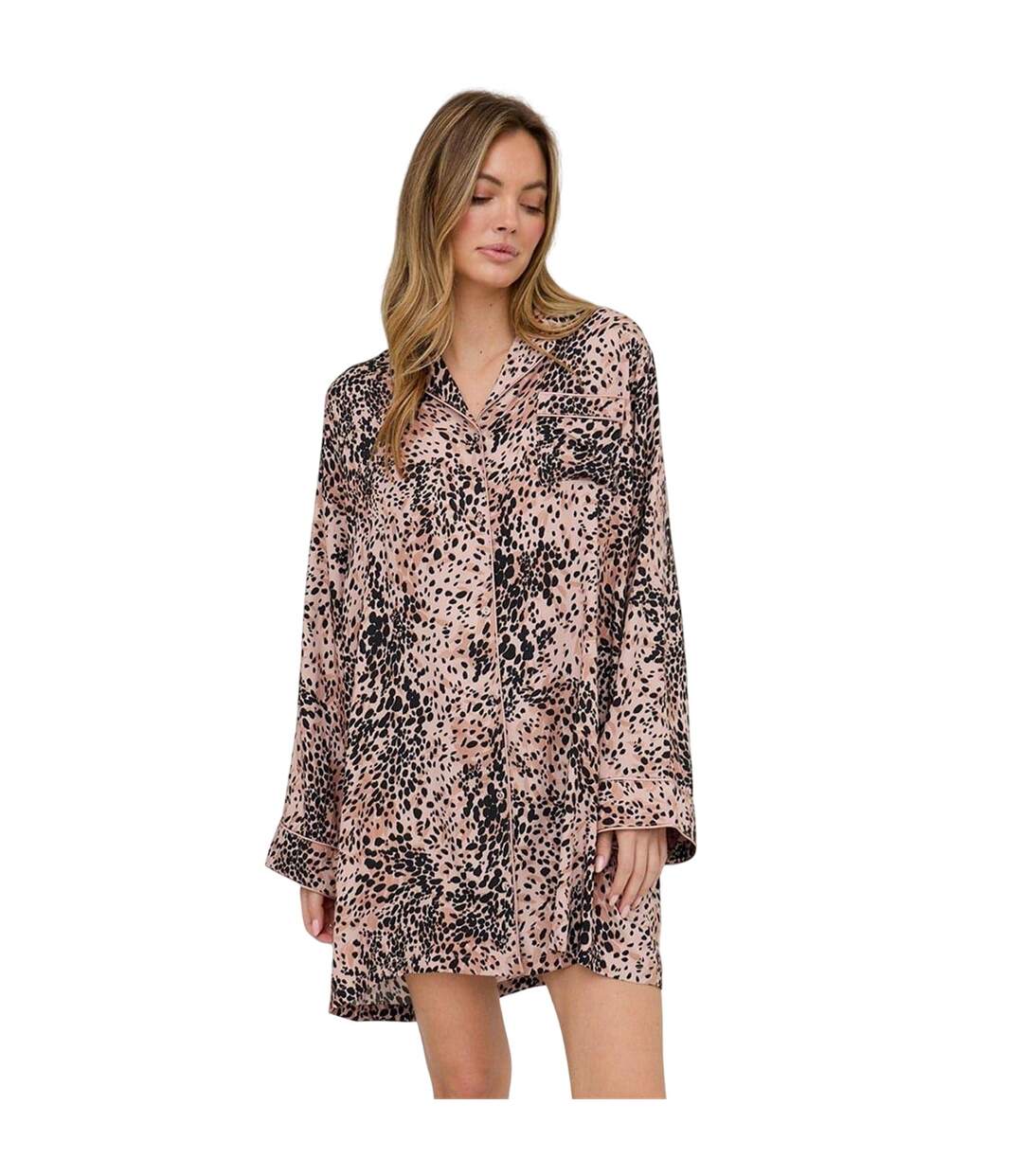 Womens/ladies Leopard Print Long-sleeved Mini Shirt Dress Brown Lily And Lionel-2
