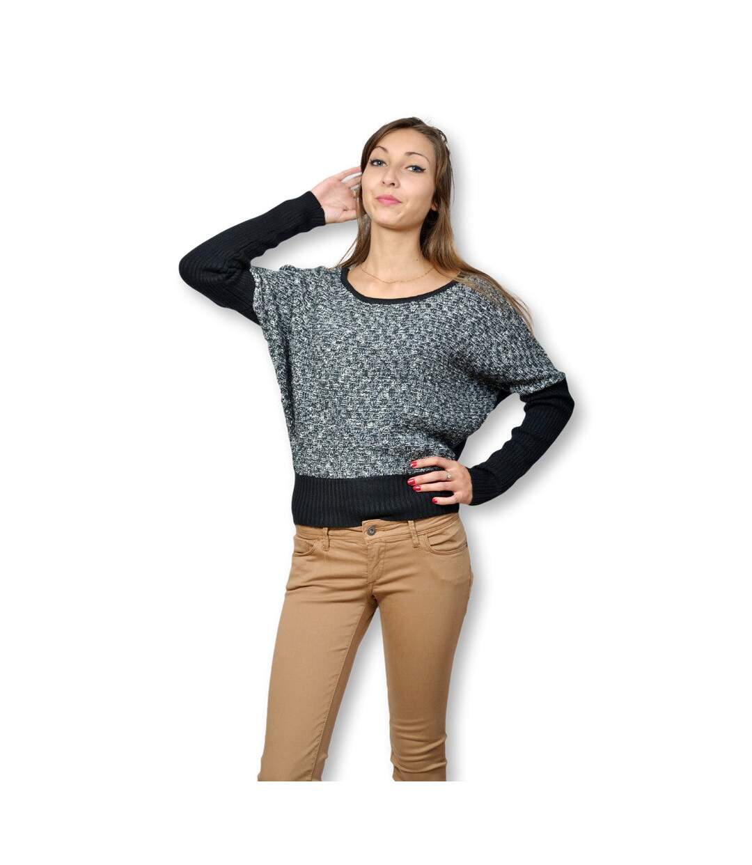 Pull femme manches chale de couleur:noir col rond-1