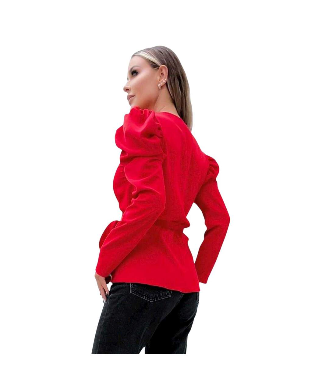 Womens/ladies Belted Puff Sleeve Wrap Top Red AX Paris-2