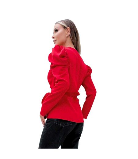 Womens/ladies Belted Puff Sleeve Wrap Top Red AX Paris