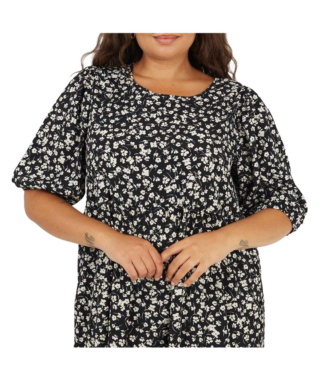 Womens/ladies Floral Plus 3/4 Sleeve Midi Dress Black Brave Soul-4