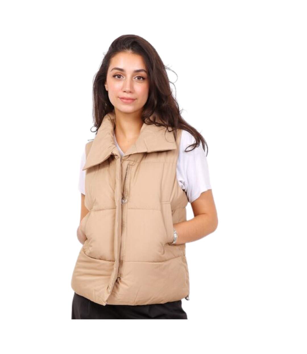 Doudoune femme courte sans manche couleur camel - Col montant