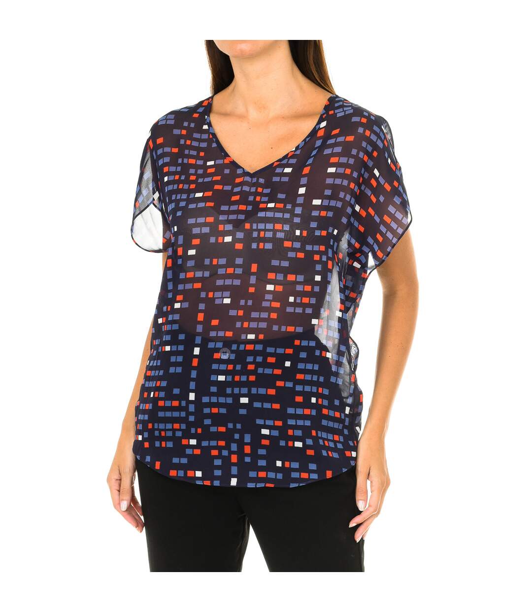 Women's short sleeve V-neck blouse 3Y5H65-5NTAZ-1