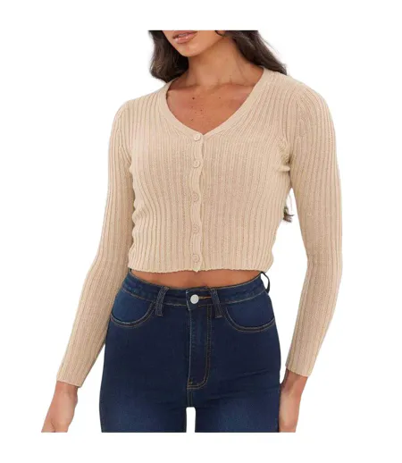 Womens/ladies Fine Gauge Cropped Cardigan Oatmeal I Saw It First