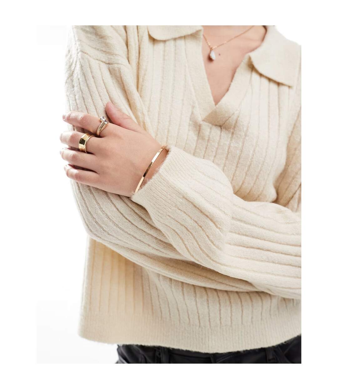 Womens/ladies Ribbed Polo Neck Jumper Cream Brave Soul-4