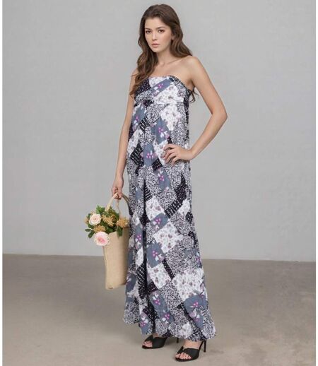 Robe longue bustier fleurie bleue - Chic et élégante pour vos sorties d'été