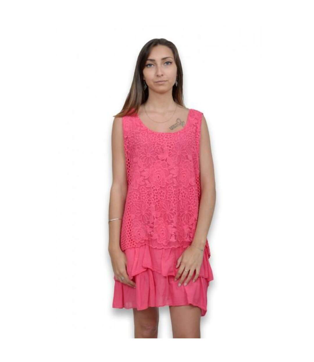 Robe femme sans manche de couleur fushia col rond-1