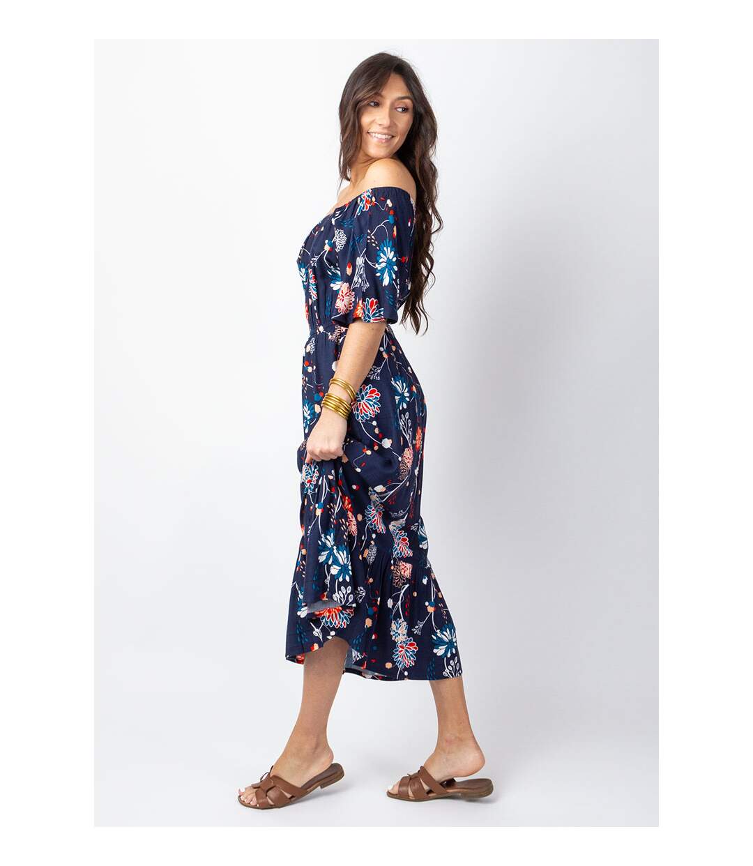 Robe longue chic DALIA col bardot imprimé fleuri bleu Coton Du Monde