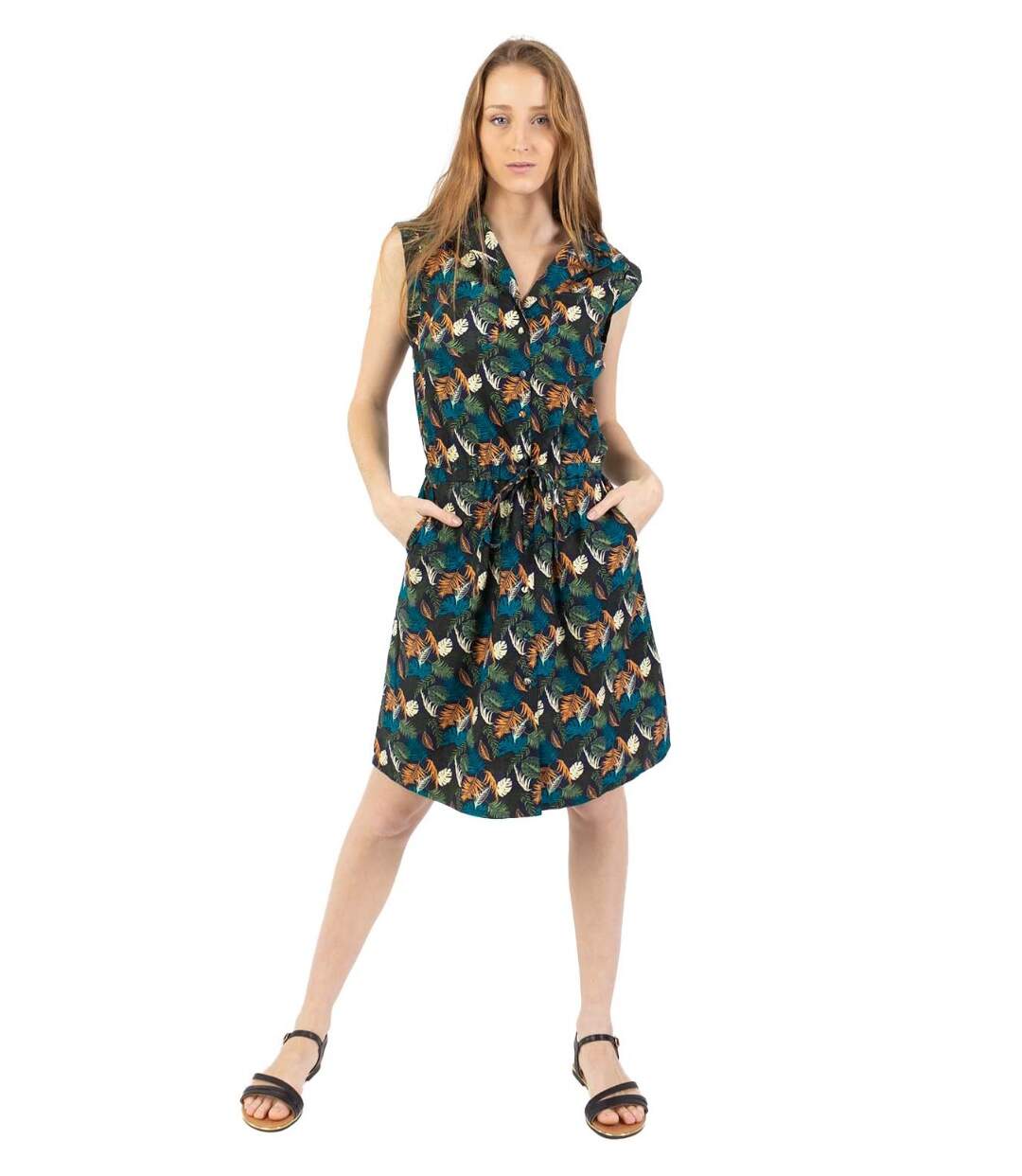 Robe courte ceinturée ASSIA à col chemise imprimé tropical vert Coton Du Monde