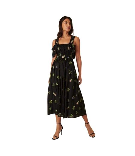 Robe Midi Smockée À Broderie Florale Femme Noir Nobody´s Child