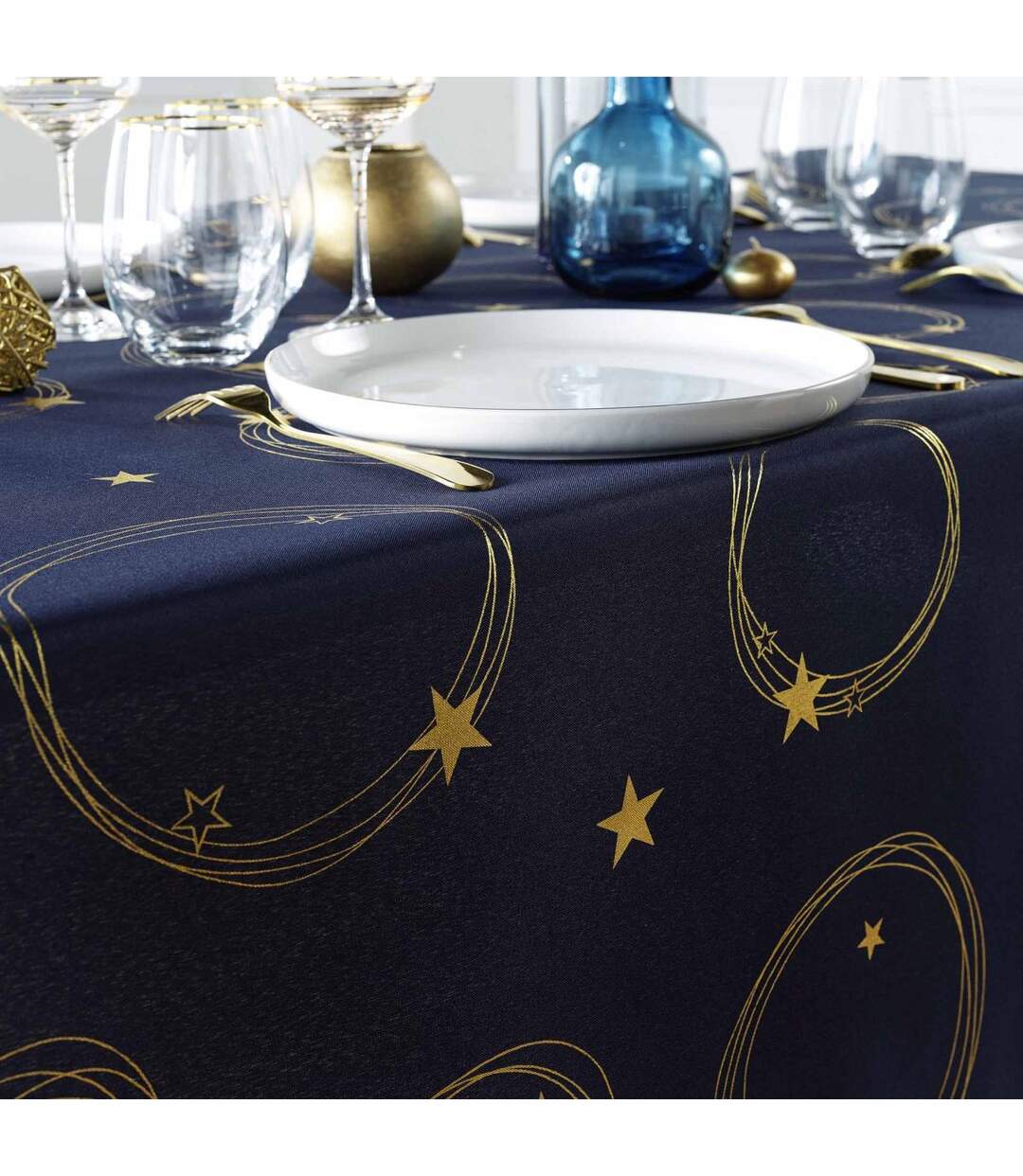 Nappe Antitache Imprimé Star 150x300cm Bleu Marine & Or-2