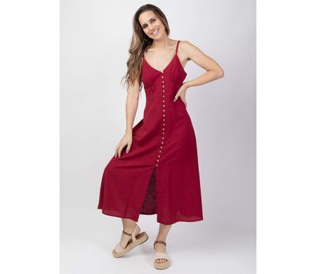Robe longue estivale fines bretelles VALENTINE unie framboise Coton Du Monde