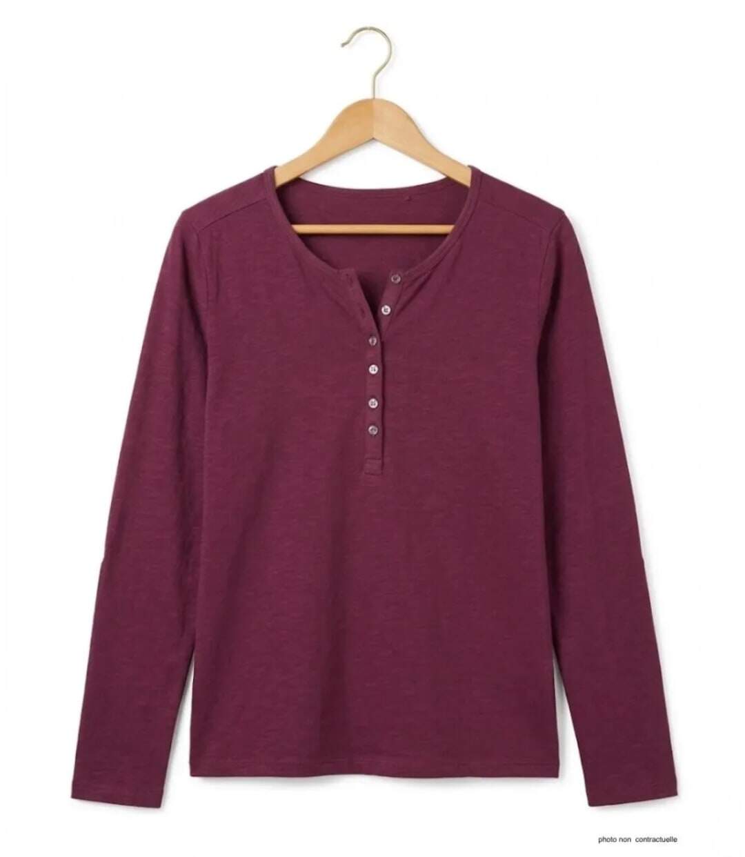MAYFLOWER NINON4 : Tee-shirt manches longues prune en coton flammé avec patte boutonnée-2